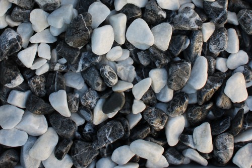 Микс гальки далматин (щебень галтованный микс:белый-черный) фр.40-70 мм.  купить  в Ростове мрамор белый, черный айвори серый галтовка природного камня 14500 руб/т   фото 